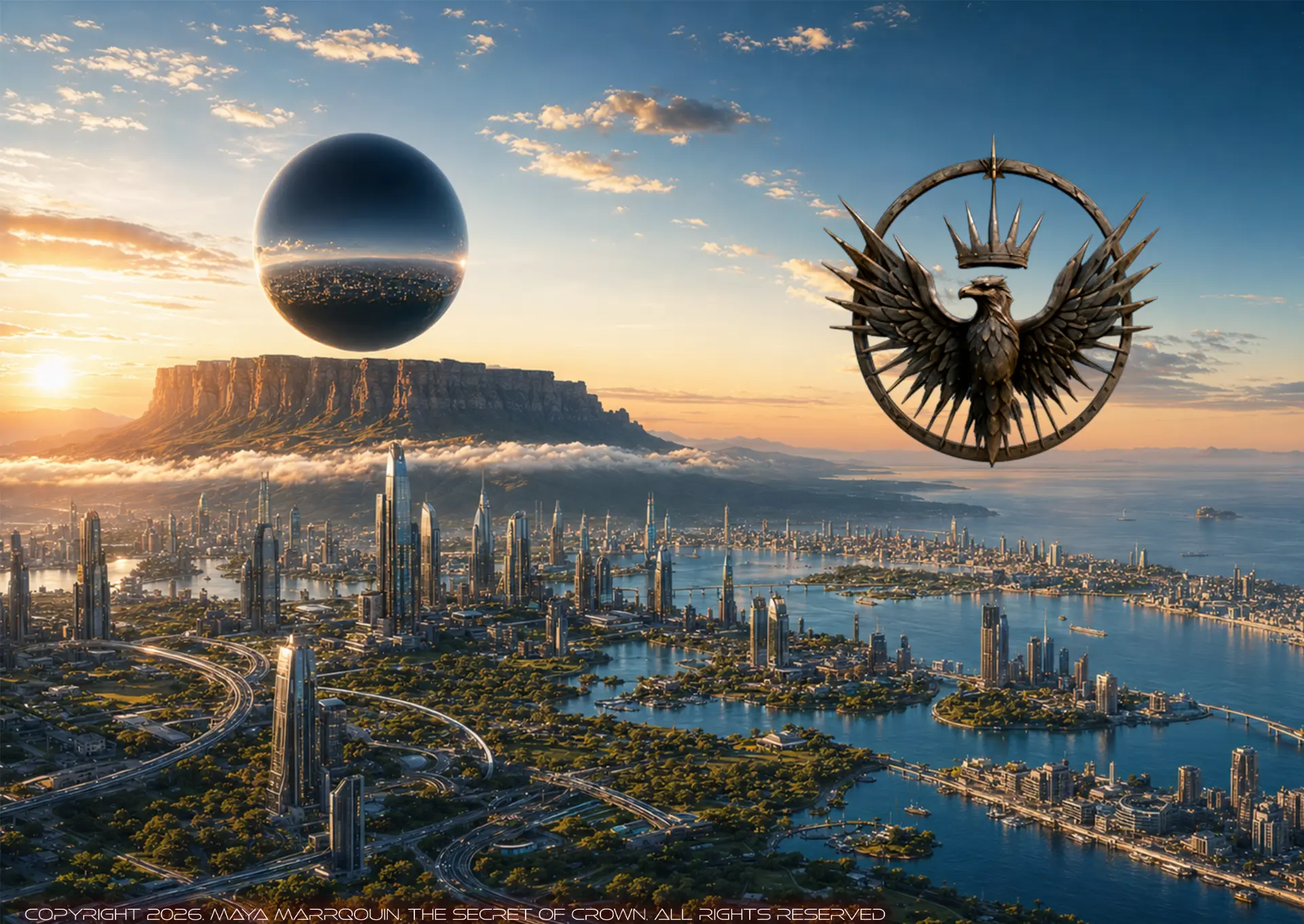 The Servator sphere holding altitude above a rebuilt coastal city at sunset